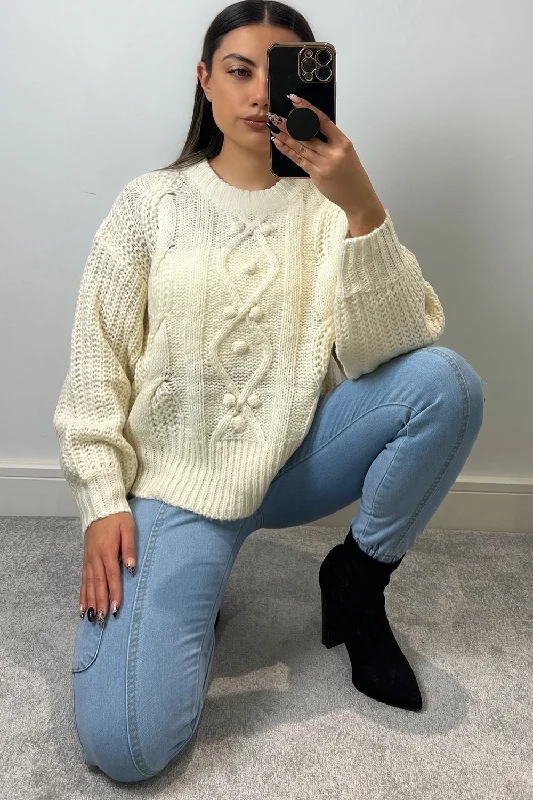 Mabel Cream Cable Knit Bobble Detail Jumper