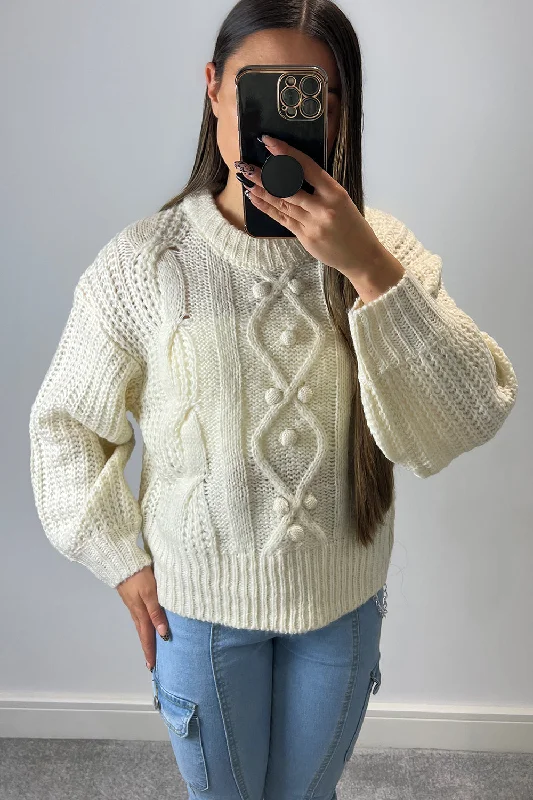 Mabel Cream Cable Knit Bobble Detail Jumper