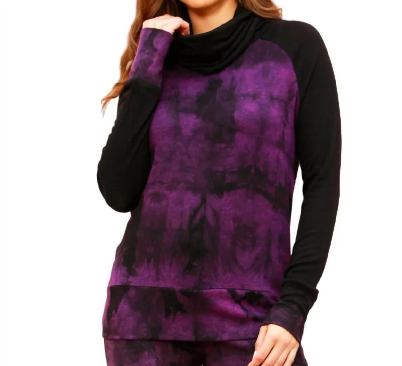 Marble Wash Color Block Turtleneck Top In Grape