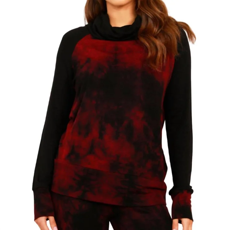 Marble Wash Color Block Turtleneck Top In Sangria