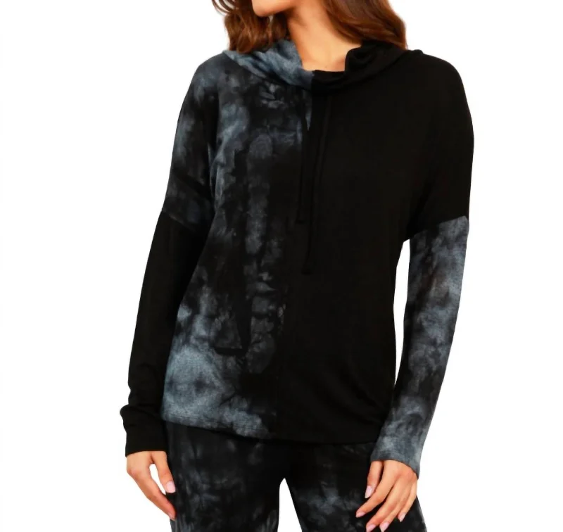 Marble Wash Drawstring Cowlneck Top In Storm