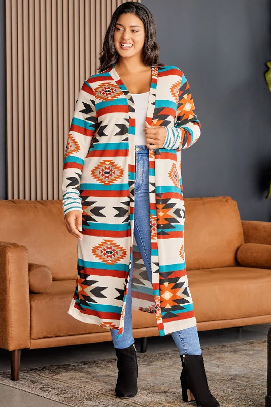 Multicolor Plus Size Geometric Print Open Front Long Cardigan