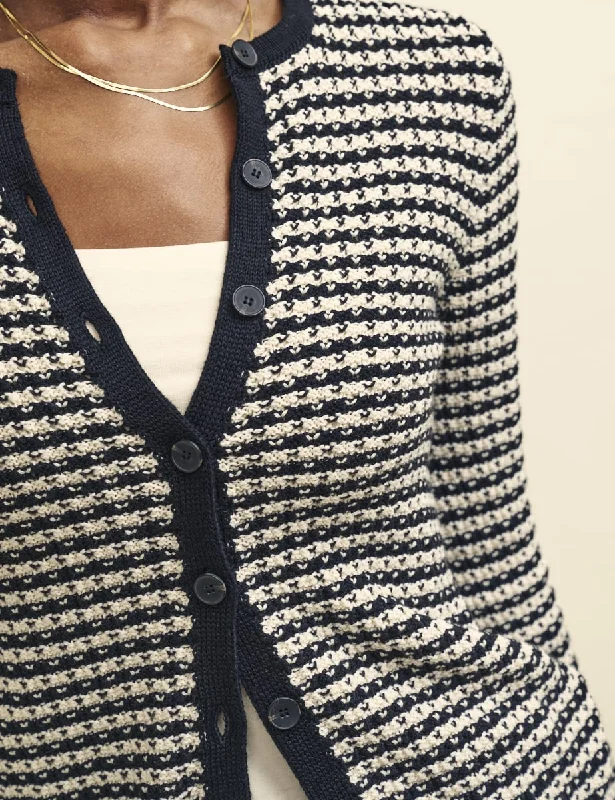 Black Stripe Flute Sleeve Mock-Crochet Cardigan