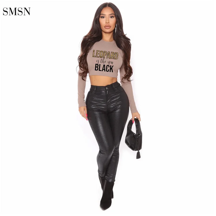 OSINA Best Design Autumn Long Sleeve Letter Print Back Bandage Rib Knit Sexy Crop Top T Shirt Women