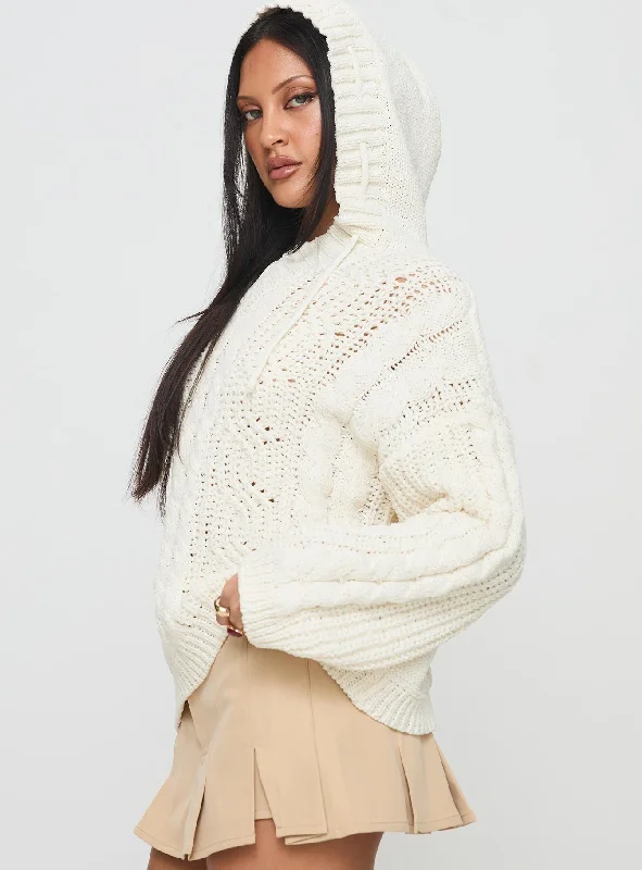 Ozbarne Hooded Cable Knit Sweater Cream