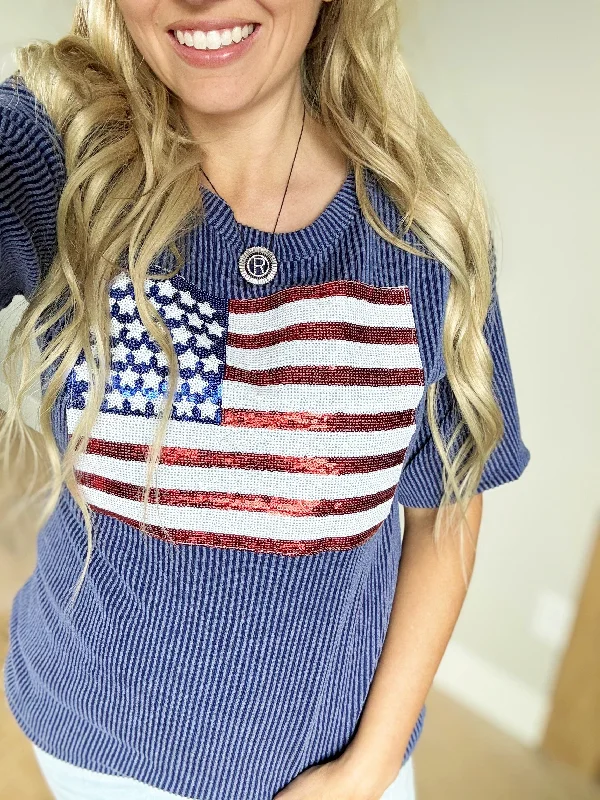 Parade Ready Short Sleeve Ribbed Flag Top in Navy