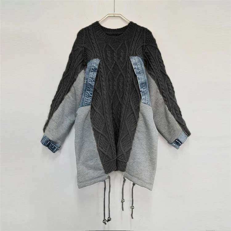 Patchwork Denim Colorblock Sweater For Women Round Neck Long Sleeve Streetwear Casual Pullover