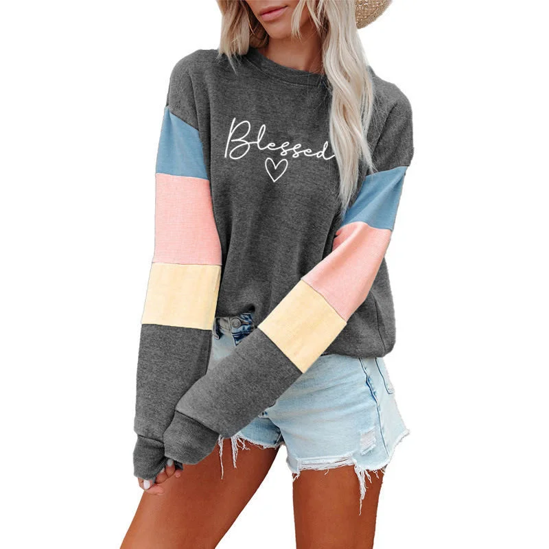 Patchwork Fashion Women Sweatshirt Casual Long Sleeve Pullover blessed Print Crewneck Women logo hoodie  Sweatshirt