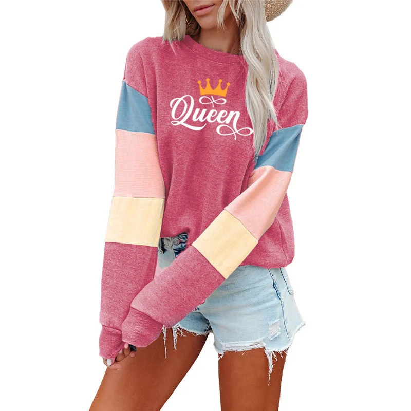 Patchwork Fashion Women Sweatshirt Casual Long Sleeve Pullover Queen Print Crewneck Women logo hoodie  Sweatshirt