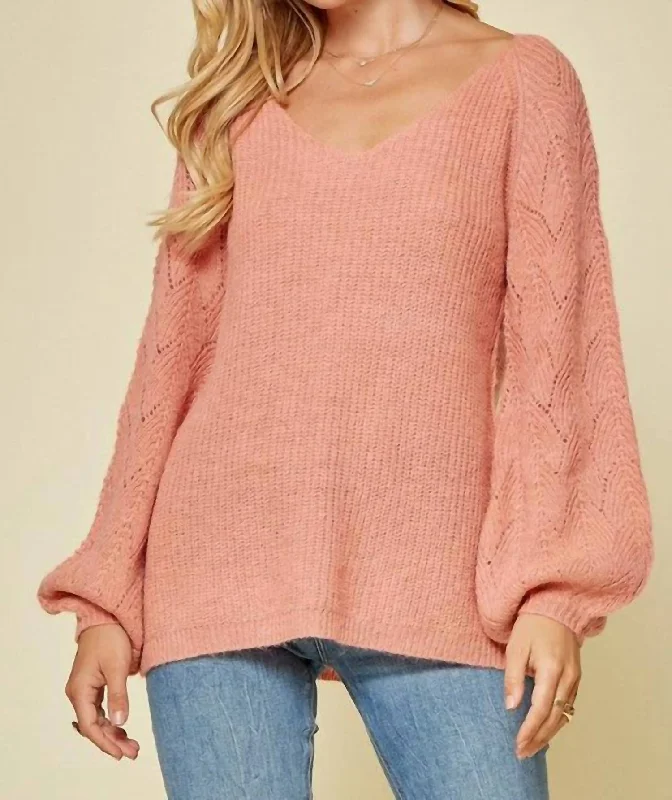 Patterned Sleeve Knit Sweater In Apricot