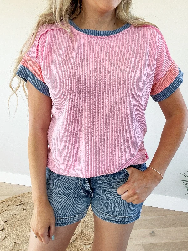 Promise Me Ribbed Color Block Short Sleeve in Pink