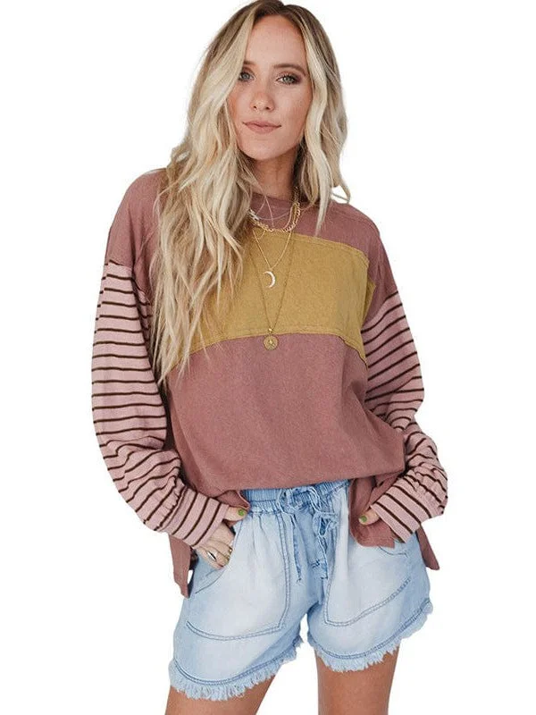 Striped Contrast Color Long Sleeve Casual Pullover for Women