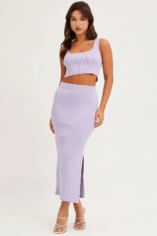 Purple Knit Top Sleeveless Crop Square Neck