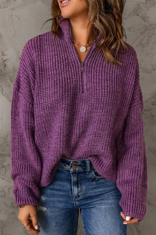 Purple Zipped Turtleneck Drop Shoulder Knit Sweater