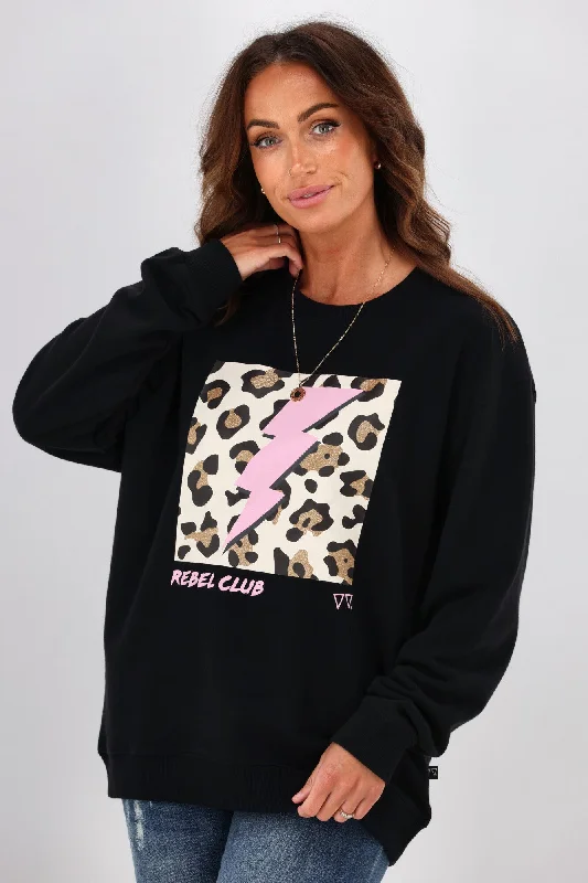 Rebel Club By Shine On Cheetah Bolt Crew Neck Sweat Jet Black