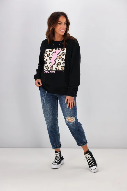 Rebel Club By Shine On Cheetah Bolt Crew Neck Sweat Jet Black