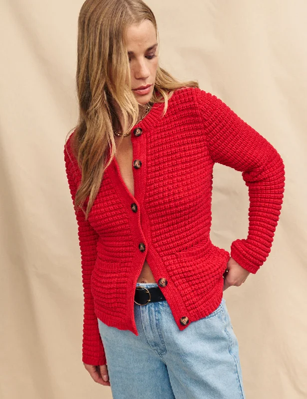 Red Textured Knit Cardigan