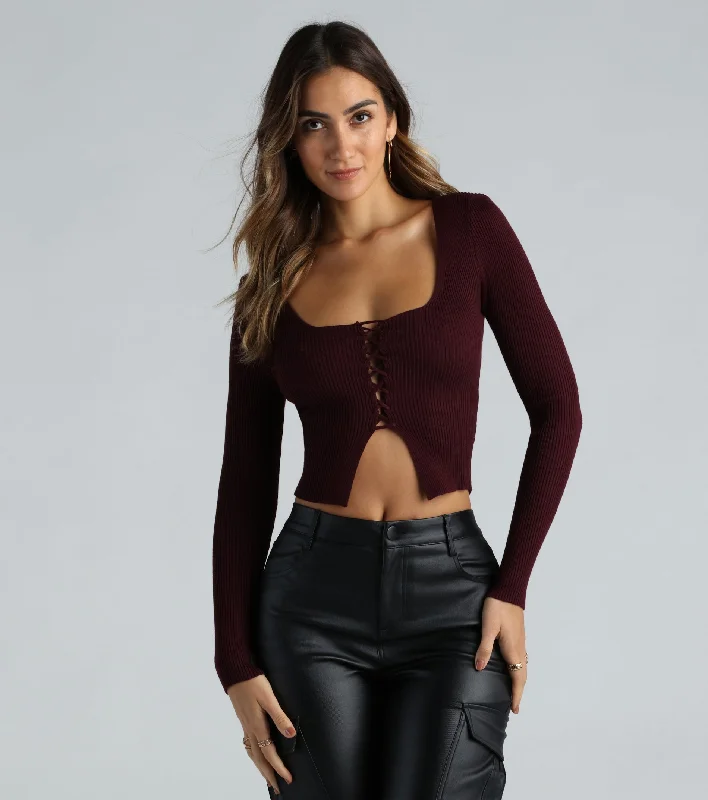 Cute Flair Lace-Up Sweater Crop Top