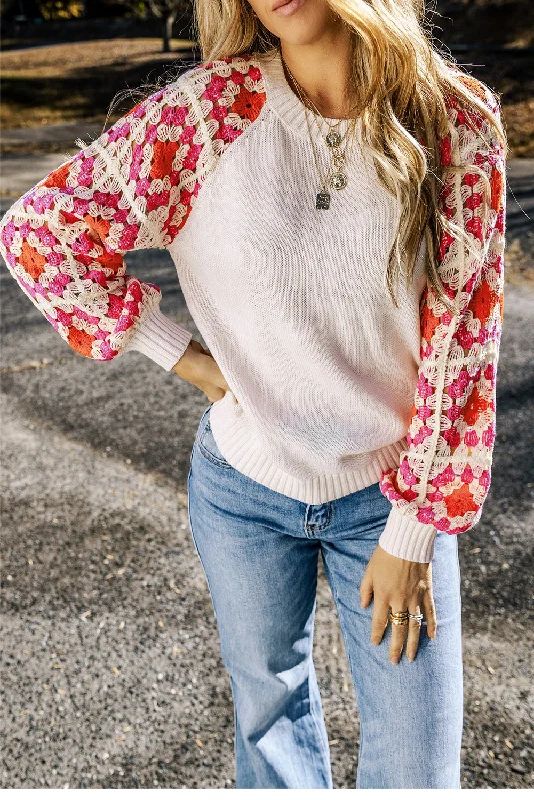 Rose Crochet Puff Sleeve Contrast Knit Sweater