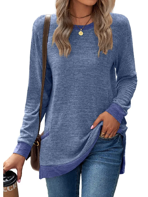 Round neck color block pocket long sleeve loose pullover top