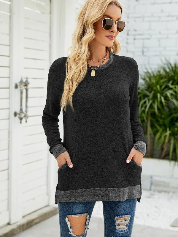 Round neck color block pocket long sleeve loose pullover top