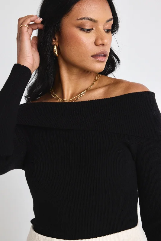 Sasha Black LS Off Shoulder Rib Knit Top