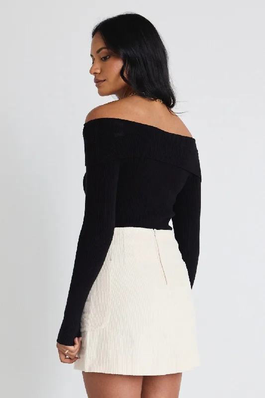 Sasha Black LS Off Shoulder Rib Knit Top