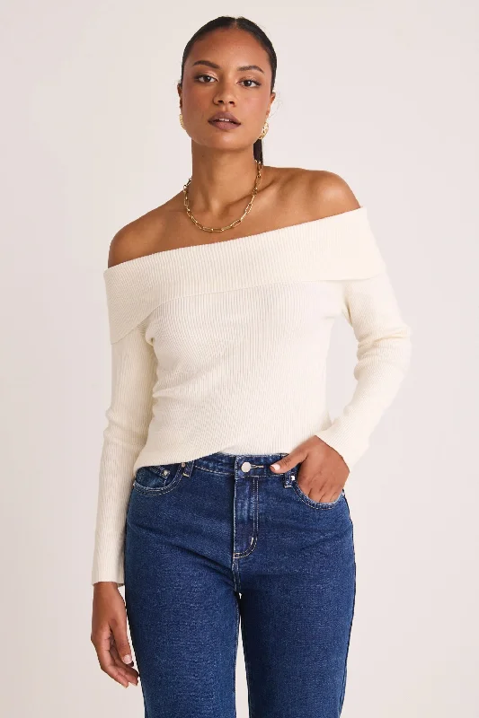 Sasha Winter White LS Off Shoulder Rib Knit Top