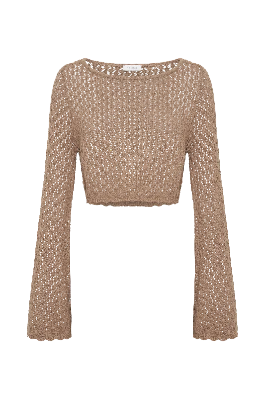 Sian Knit Long Sleeve Crop Top - Taupe