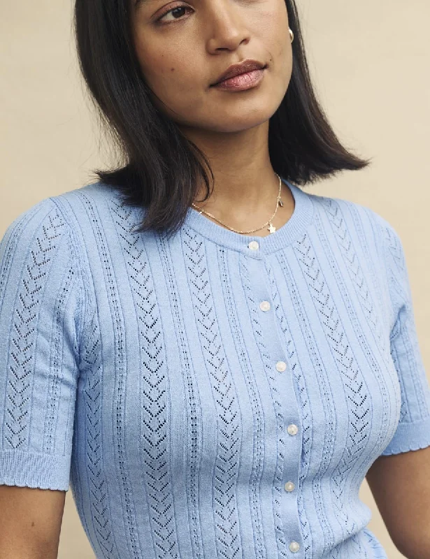 Sky Blue Short Sleeve Pointelle Cardigan