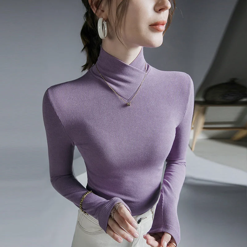 Stand-up Collar Long-sleeved Stretch T-shirt Women's Fall/winter Fleece Padded Warm Basic Pullover Bottoming Shirt Fashi T28001X