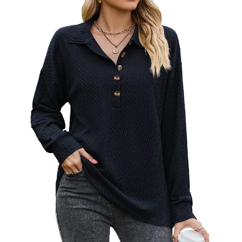 V-neck buttoned solid color patchwork long-sleeved loose T-shirt top