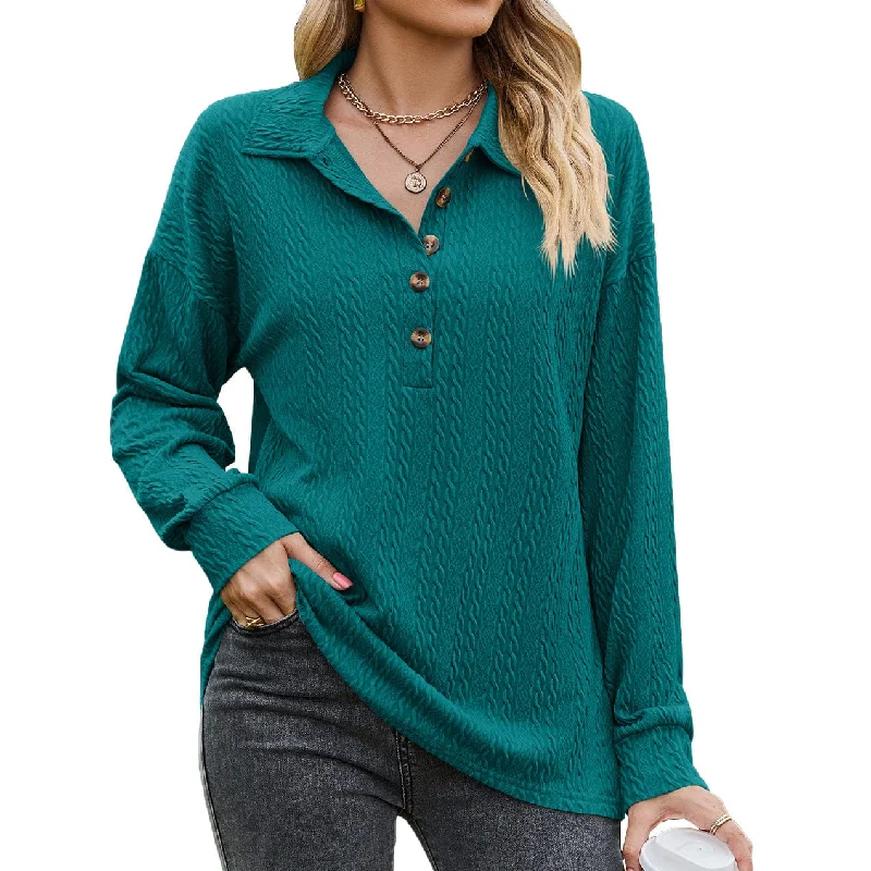 V-neck buttoned solid color patchwork long-sleeved loose T-shirt top