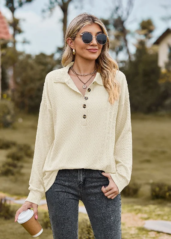 V-neck buttoned solid color patchwork long-sleeved loose T-shirt top