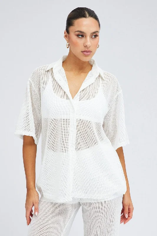 White Collar Knit Top Short Sleeve