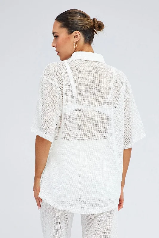 White Collar Knit Top Short Sleeve