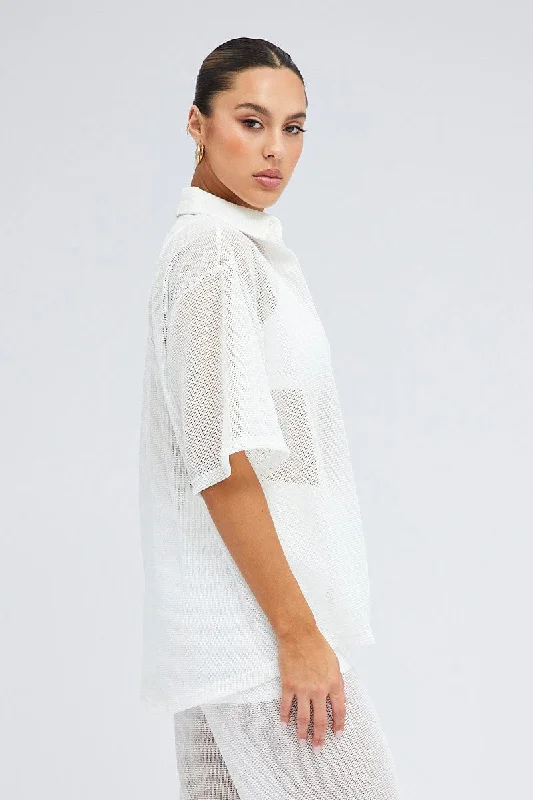 White Collar Knit Top Short Sleeve