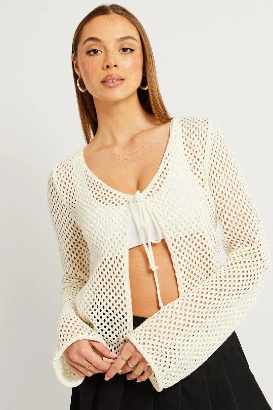 White Crochet Cardigan Long Sleeve V Neck Tie Up