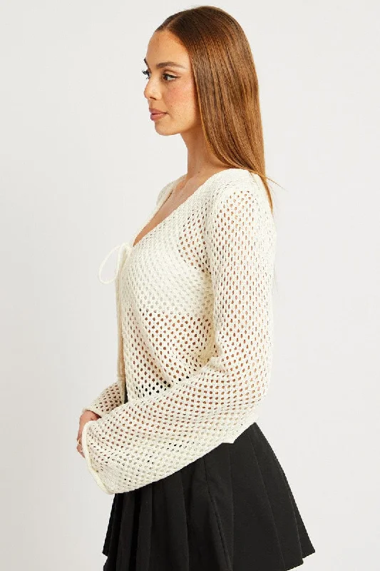 White Crochet Cardigan Long Sleeve V Neck Tie Up