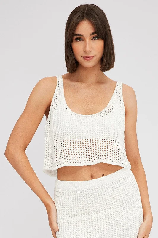 White Crochet Knit Top Scoop Neck