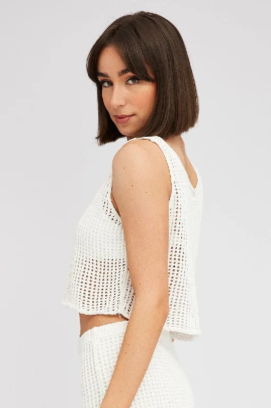 White Crochet Knit Top Scoop Neck