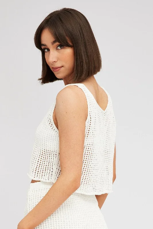 White Crochet Knit Top Scoop Neck