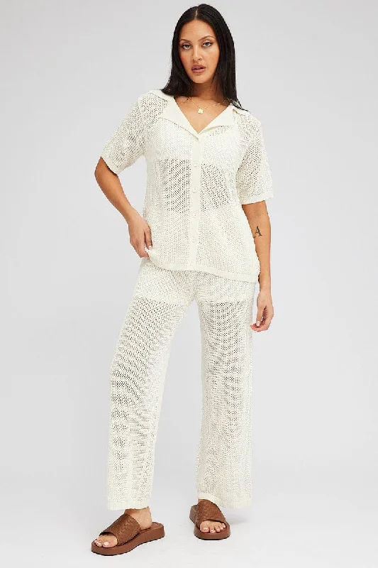 White Knit Pants Wide Leg Crochet