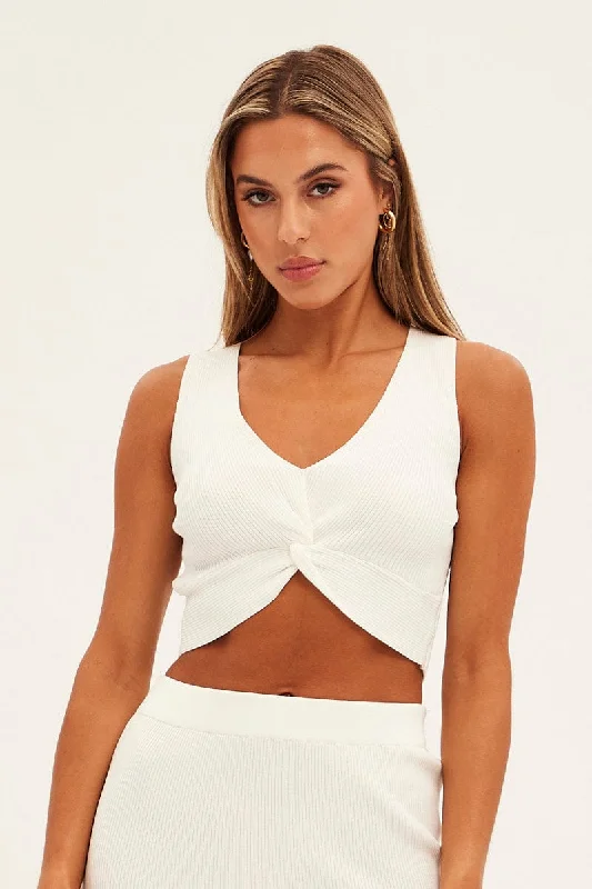 White Knit Top Crop Twisted Front