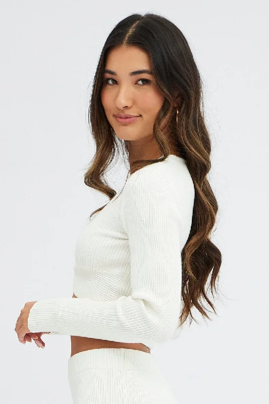 White Knit Top Long Sleeve Front Knot Detail Crop