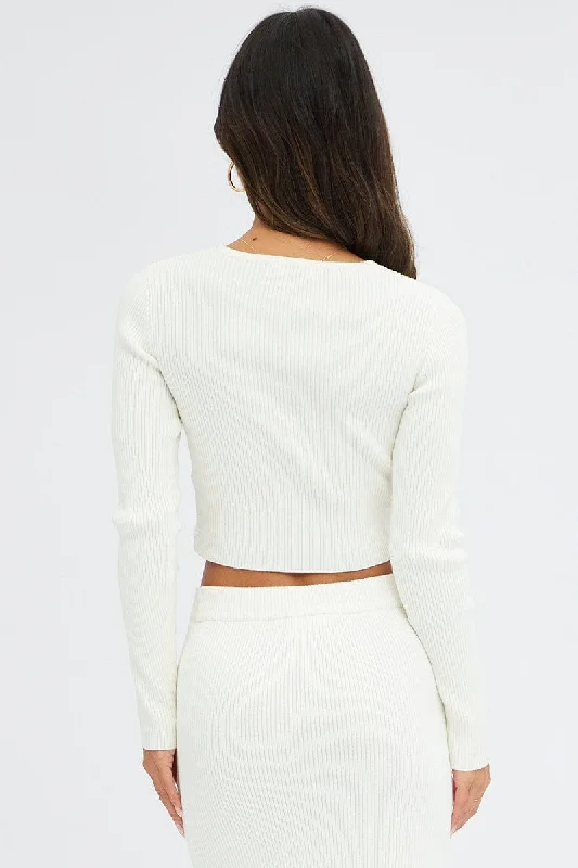 White Knit Top Long Sleeve Front Knot Detail Crop