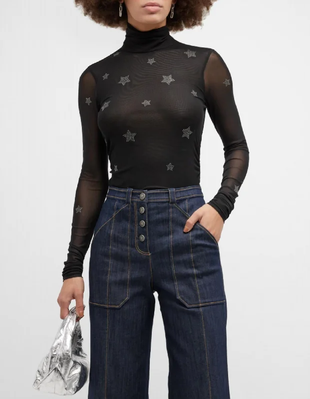 Women Star Shirred Mesh Turtleneck Top In Black