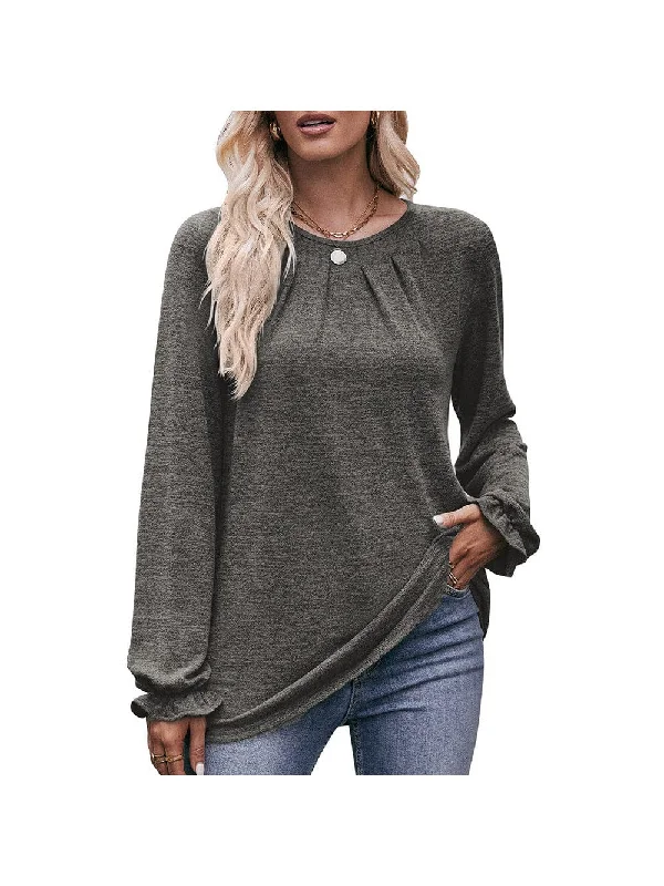 Women's casual round neck pleated brushed T-shirt long-sleeved top