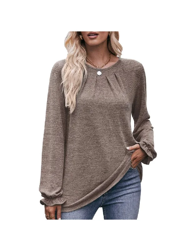 Women's casual round neck pleated brushed T-shirt long-sleeved top