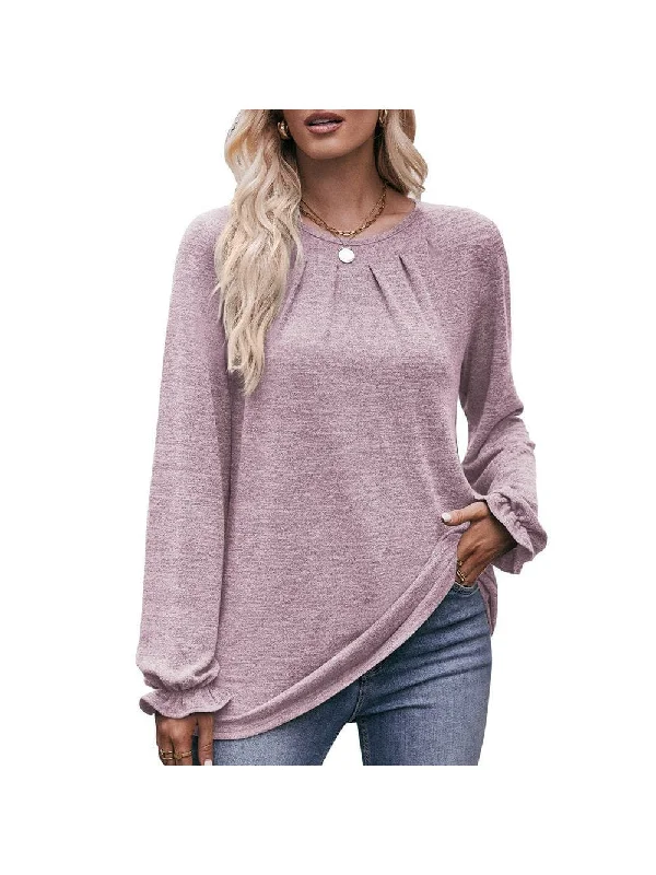 Women's casual round neck pleated brushed T-shirt long-sleeved top